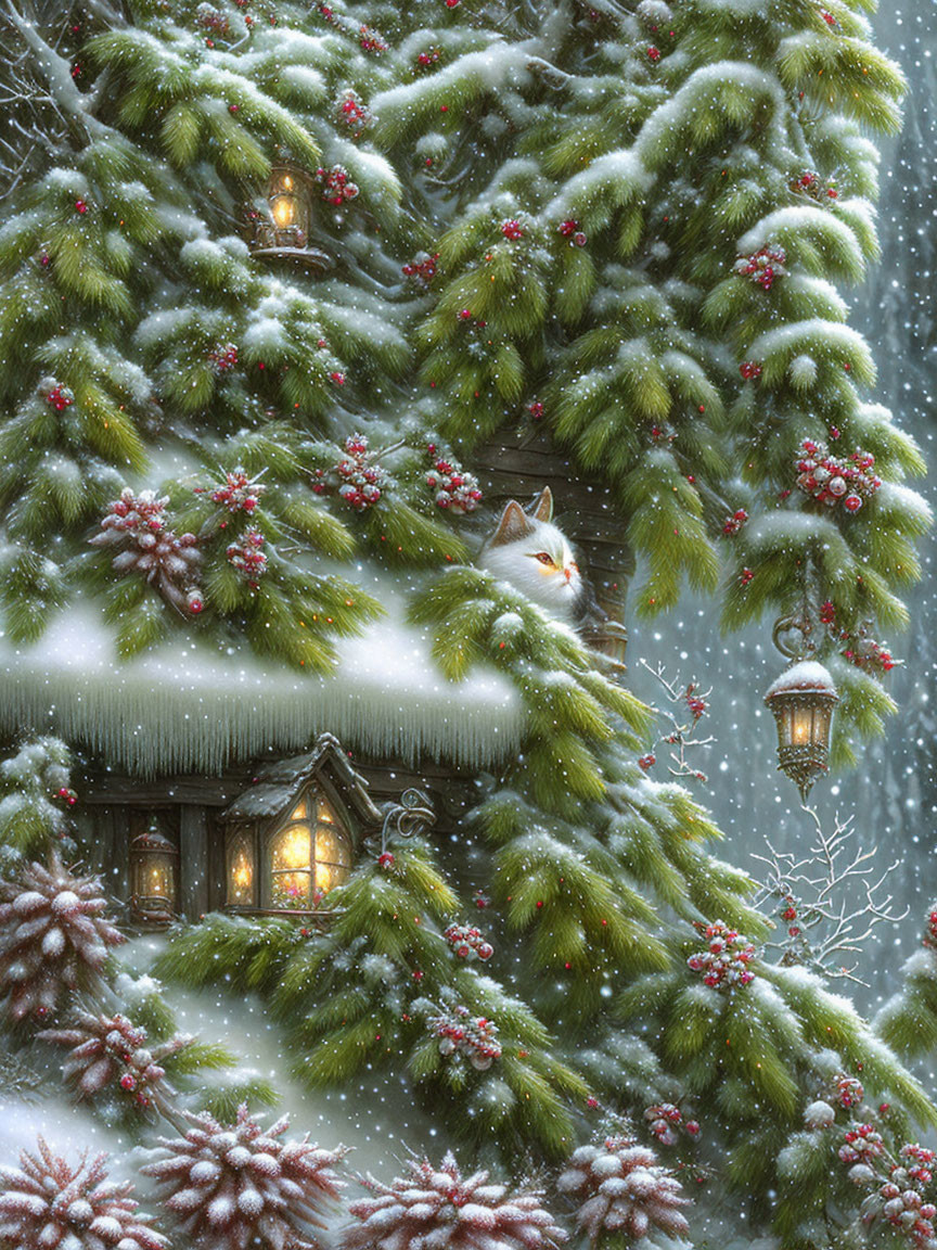 Winter scene with snow-covered evergreen trees, red berries, house window, street lamps, and peek