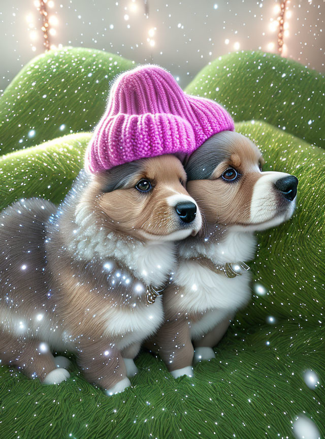 Two corgis cuddle in pink hat on snowy grassy field