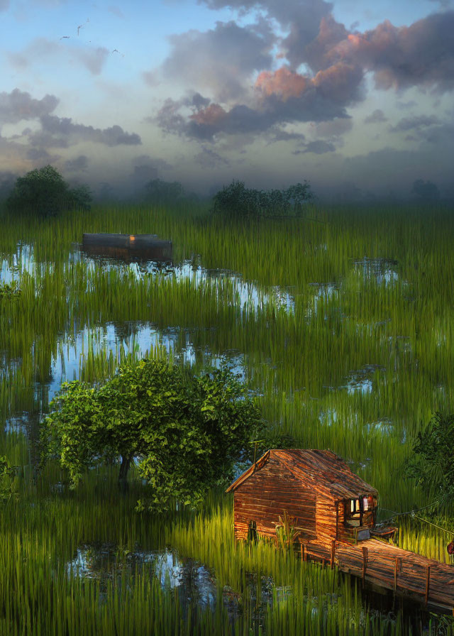 Tranquil swamp cabin and pier in lush green setting