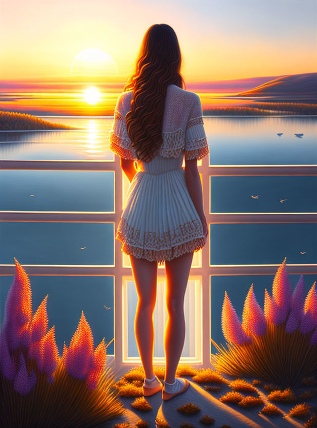 Woman in white dress admiring sunset over serene lake