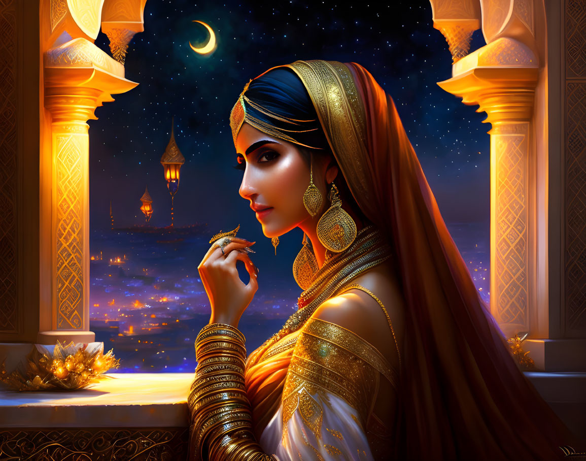 Illustrated woman in traditional Indian attire looking at night sky from window