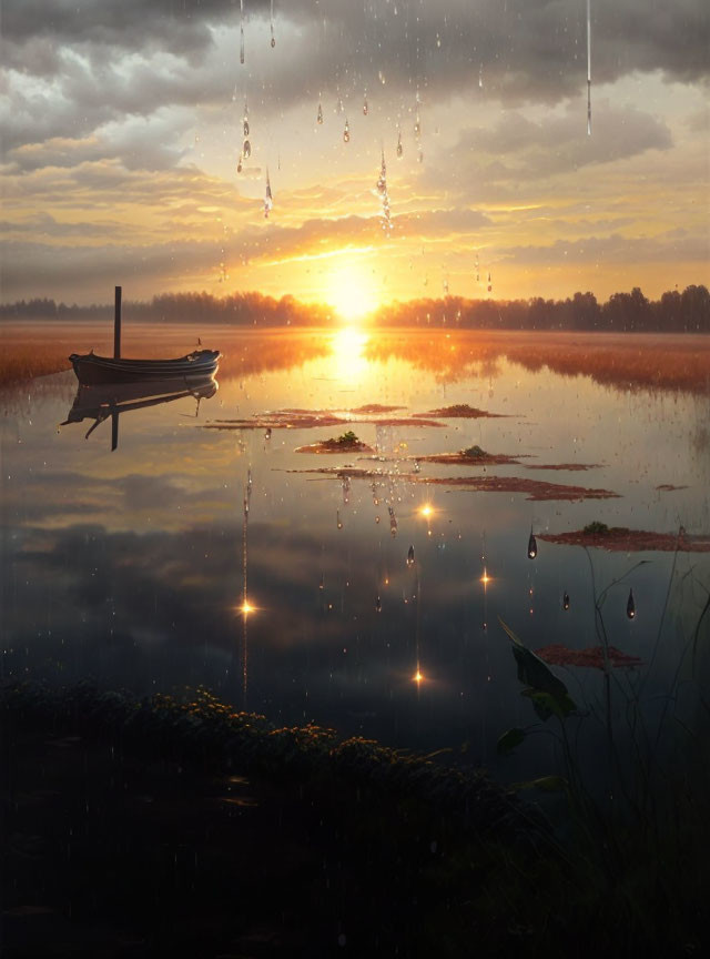 Tranquil sunset scene with boat on calm lake