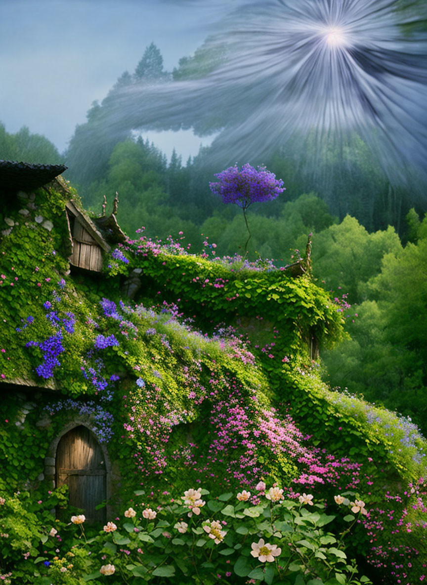 Charming cottage surrounded by vibrant flowers under mystical sky