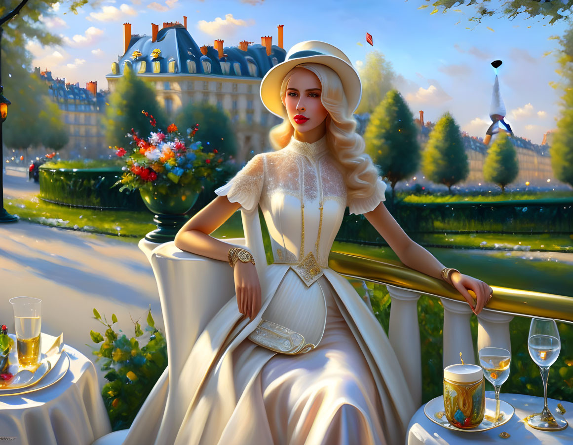 Vintage white dress and hat woman on Paris balcony with Eiffel Tower view