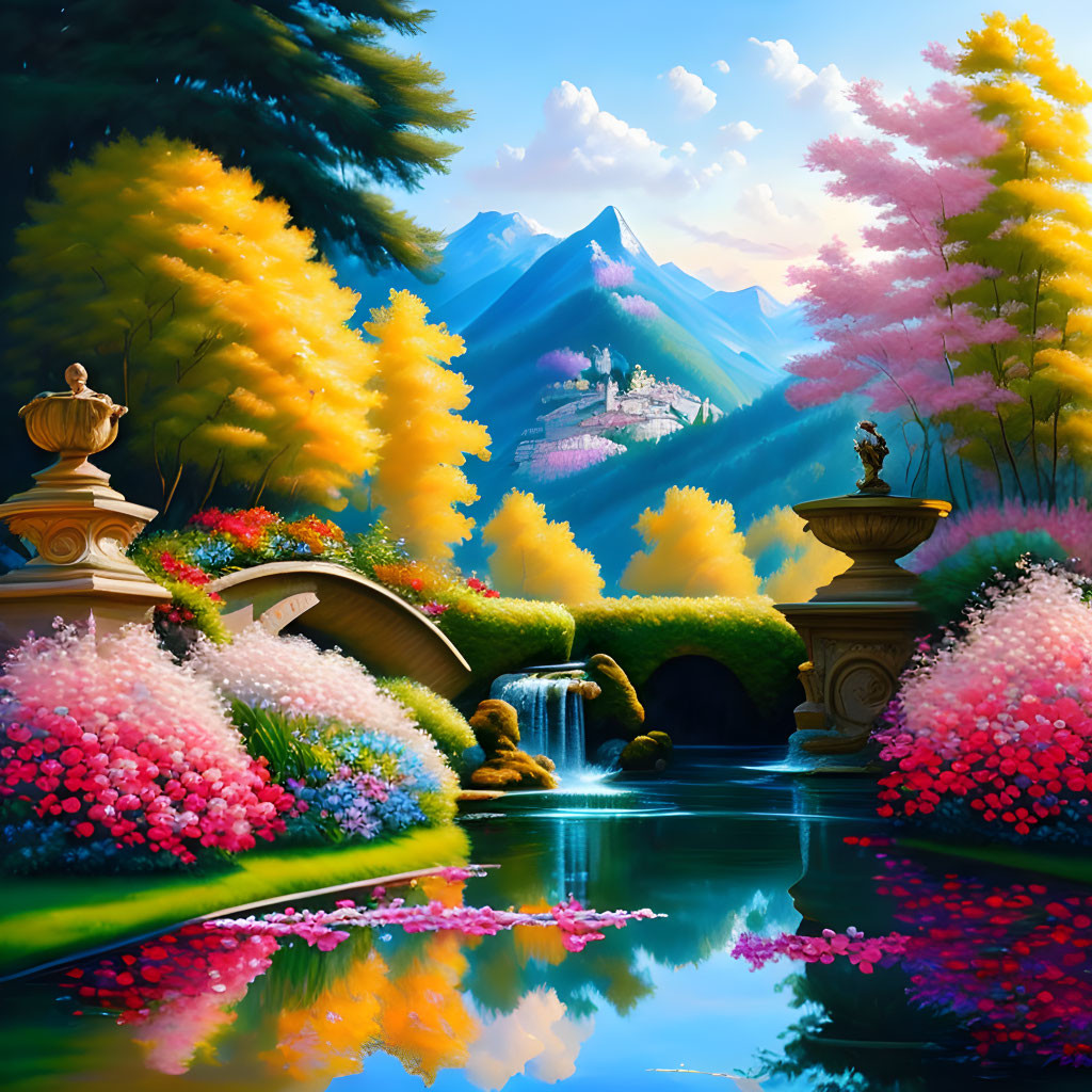 Colorful Garden with Trees, Flowers, Pond, Bridges, Statues, Mountains, Clear Sky