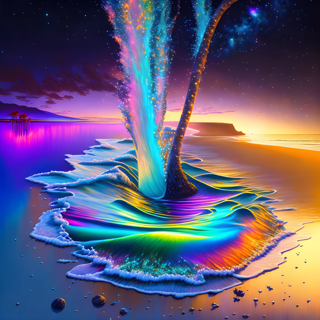 Colorful cosmic tree digital artwork on sunset beach