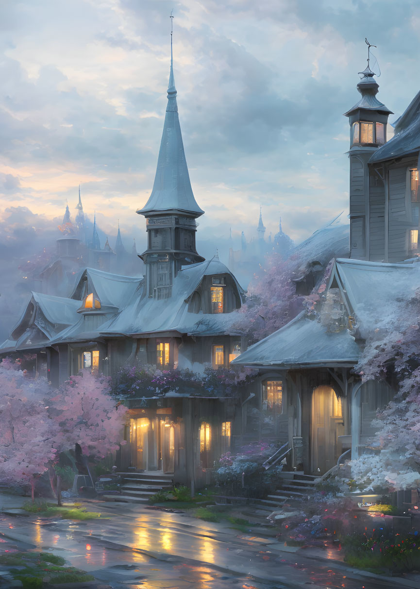 Twilight fairy-tale village with cherry blossoms & glowing cottages