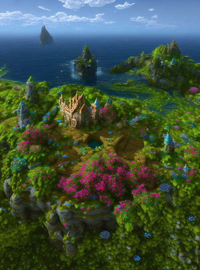 Fantasy landscape with castle, flowers, and ocean islets