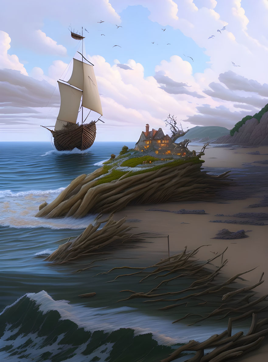 Tall ship near coastline with lit cottage and cliffs