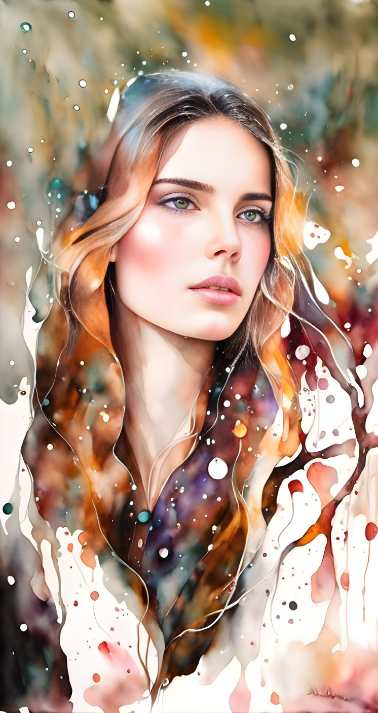 Woman with Blue Eyes and Brown Hair in Colorful Abstract Digital Painting