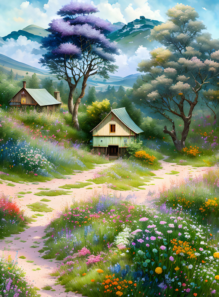 Scenic path to charming house in blooming meadow with mountains and clear sky