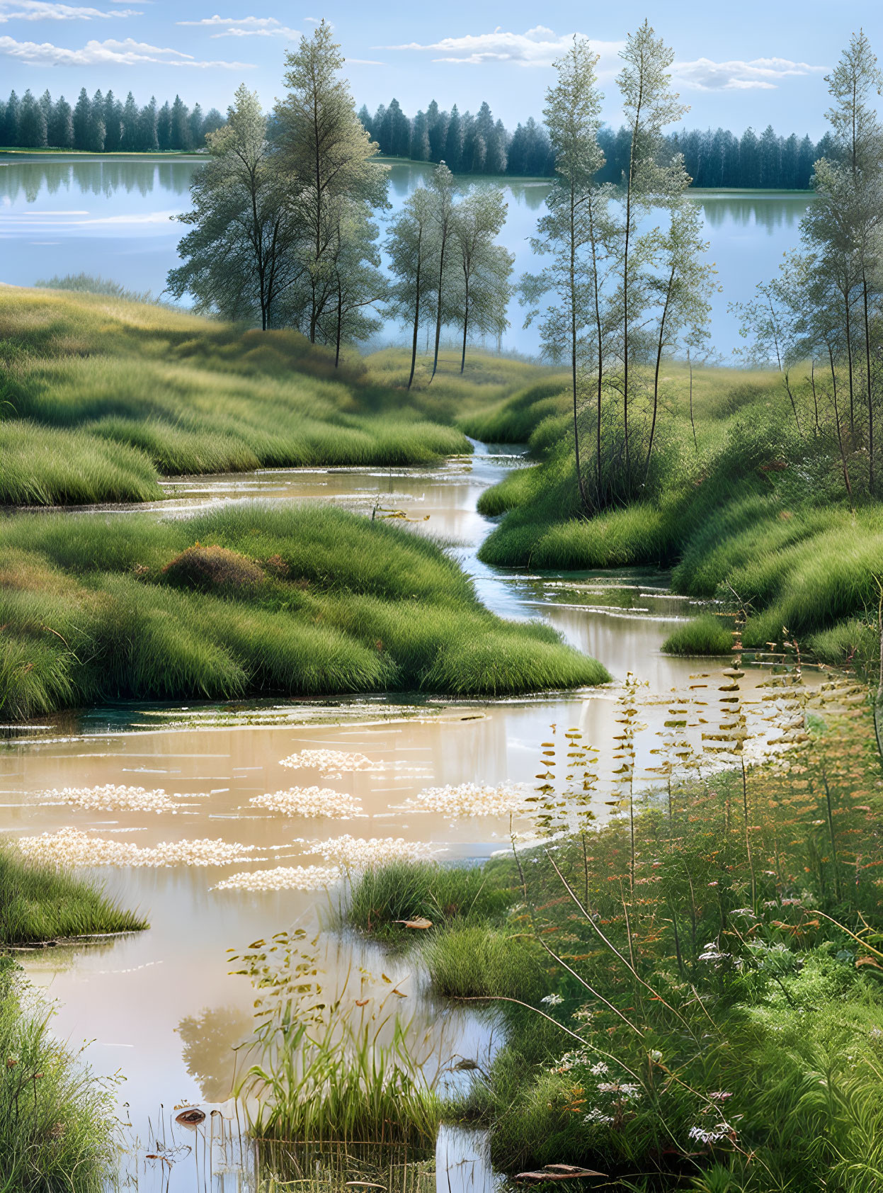 Tranquil stream with white flowers, grasses, trees, and blue sky