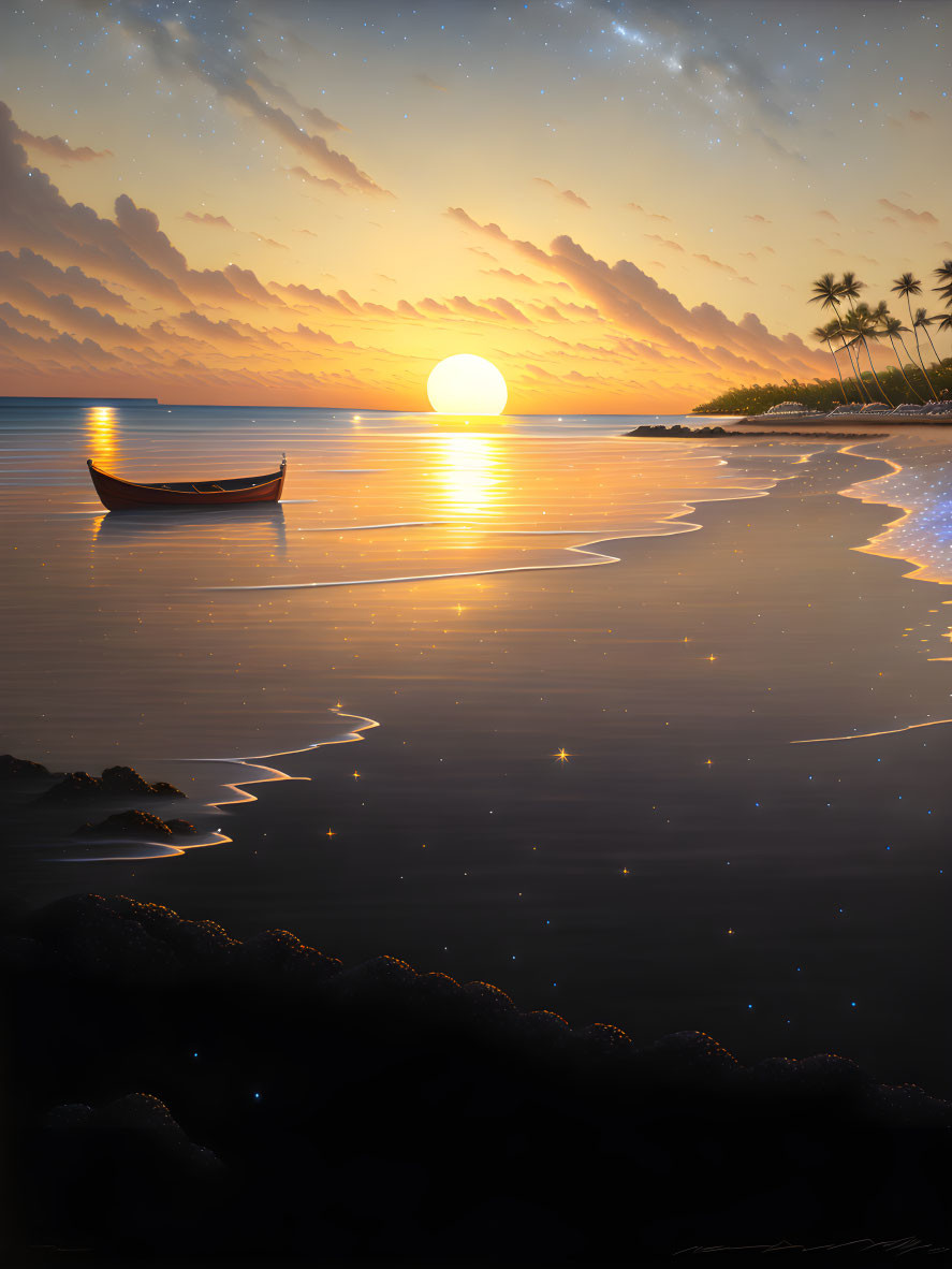 Tranquil sunset scene with boat on calm ocean at twilight