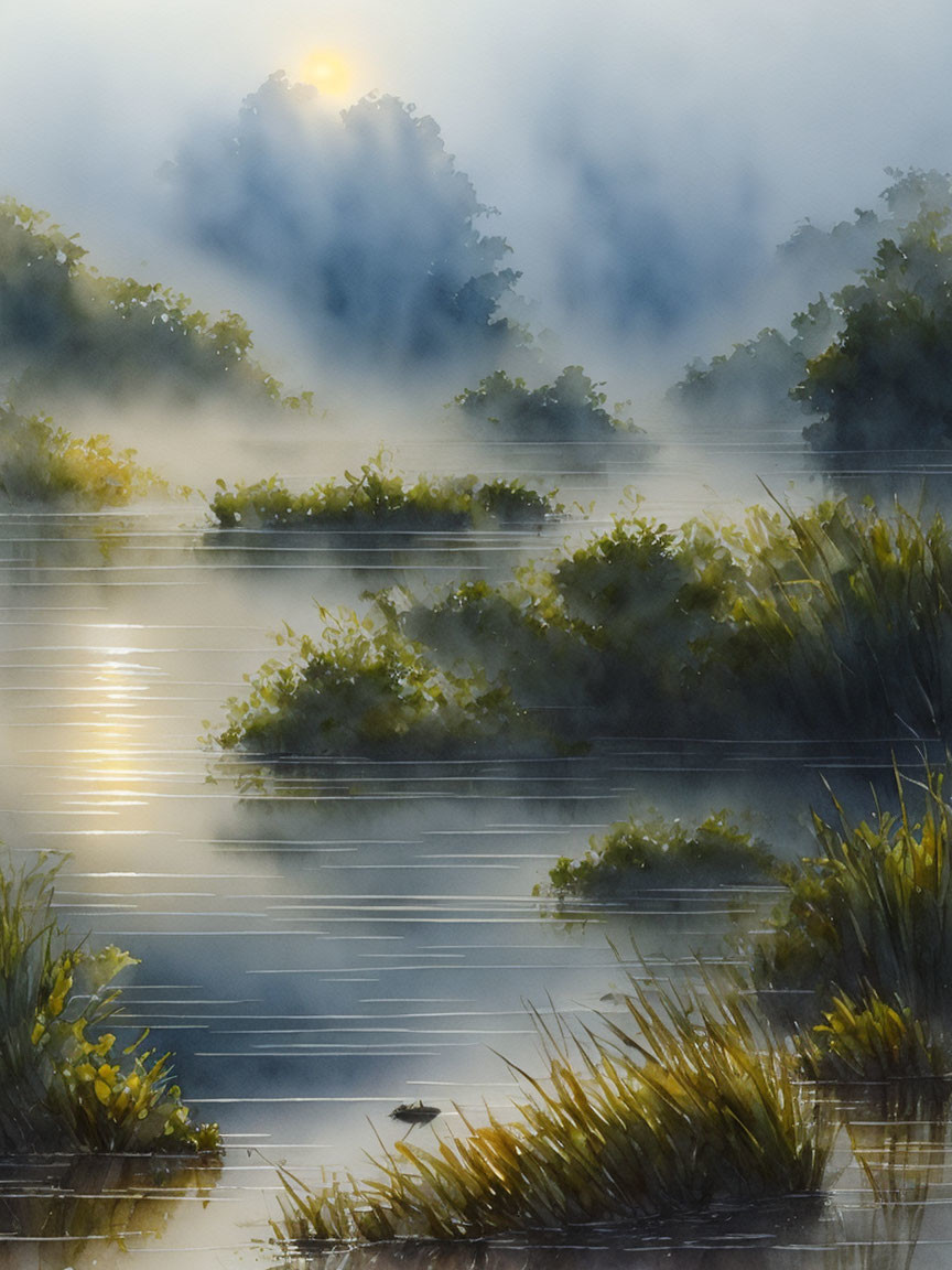 Serene sunrise river landscape with mist, sunlight, and vegetation