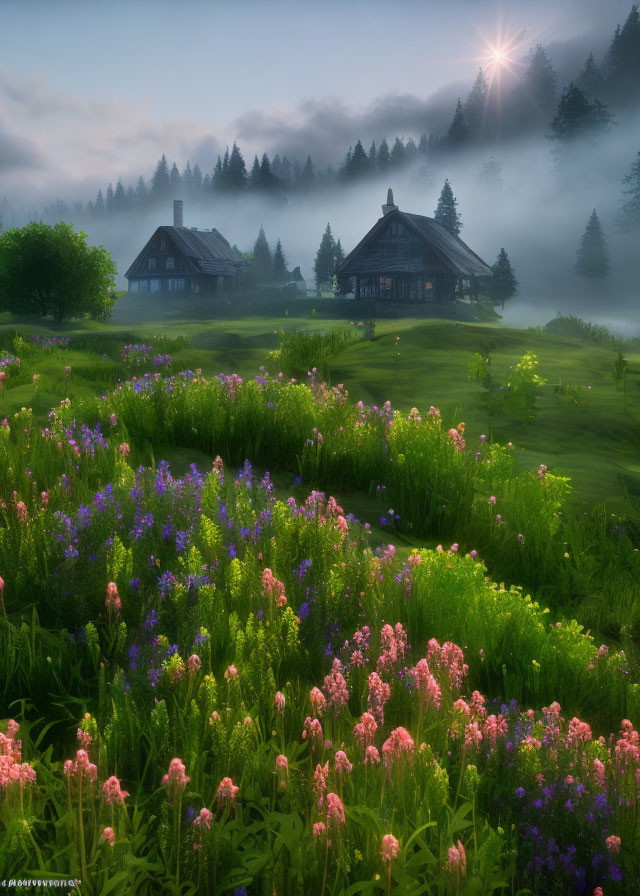 Scenic misty sunrise over lush meadow with purple flowers and wooden houses in forest.