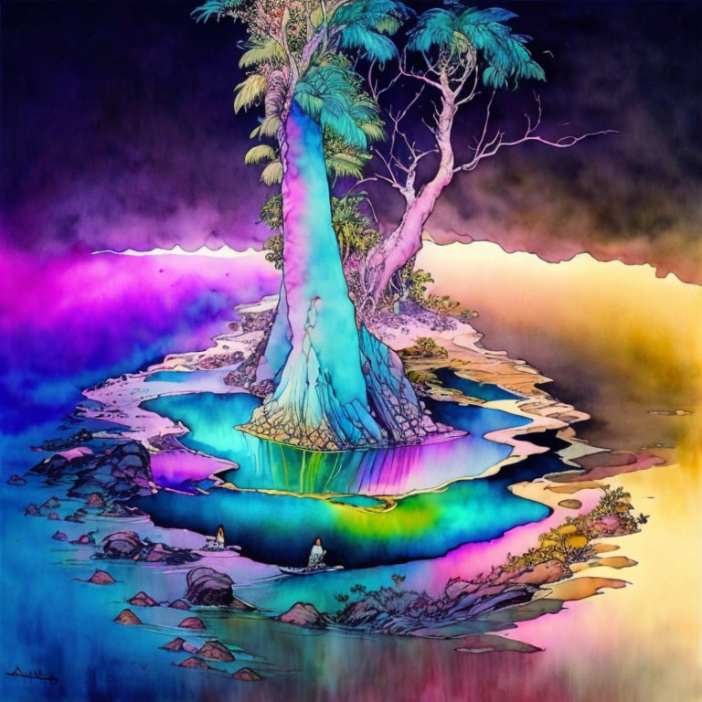 Colorful mystical tree on island with rainbow water & dreamlike sky