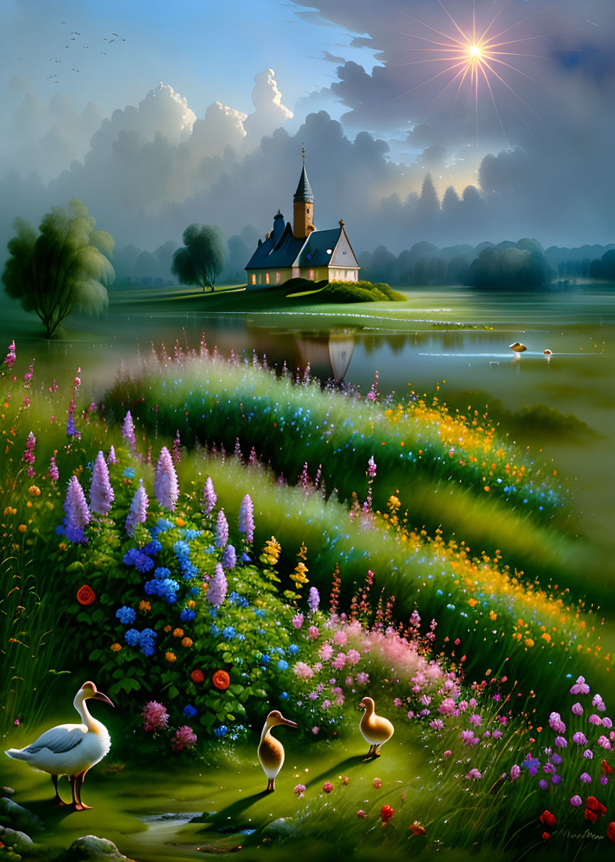 Tranquil lakeside scene with wildflowers, distant church, swans, and sun glow