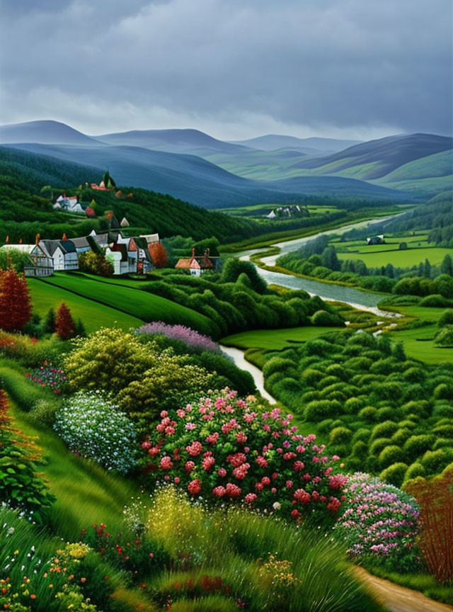 Tranquil landscape with green hills, river, flowers, village, cloudy sky