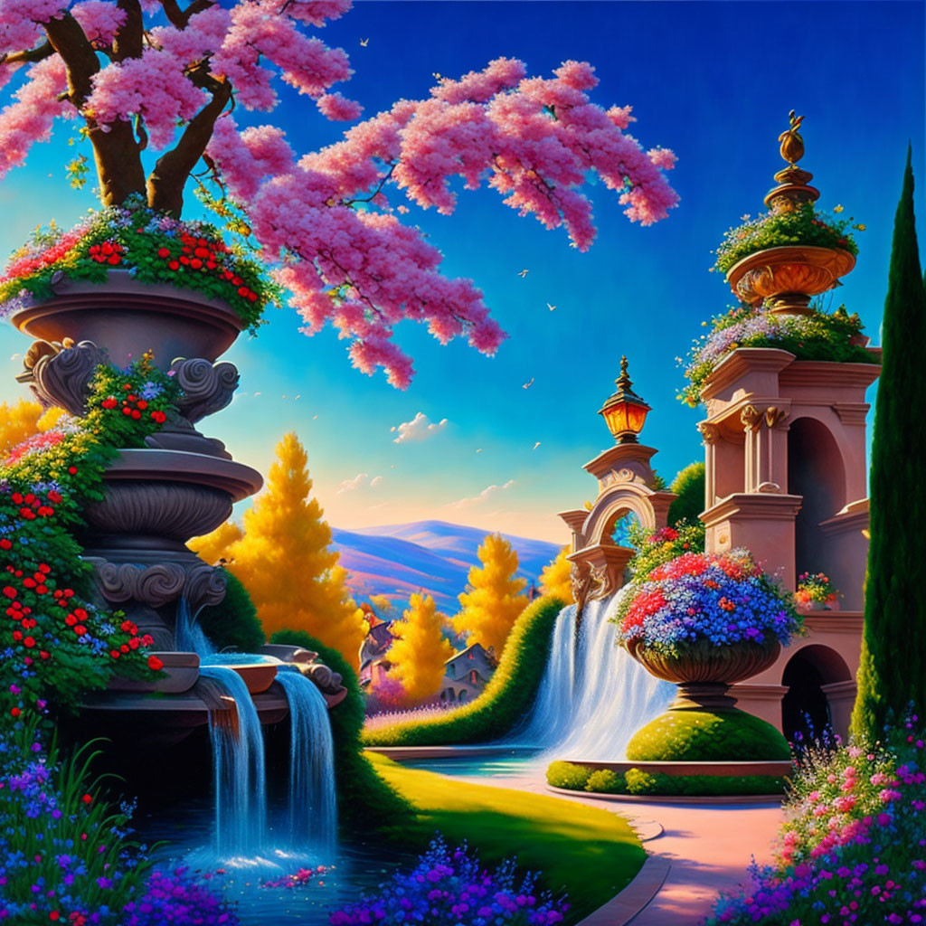 Colorful fantasy landscape with pink trees, waterfalls, gardens, and ornate architecture