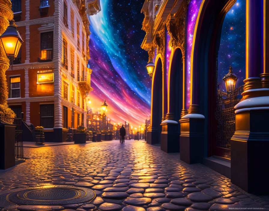 Cobblestone Street Night Scene with Elegant Buildings and Starry Sky