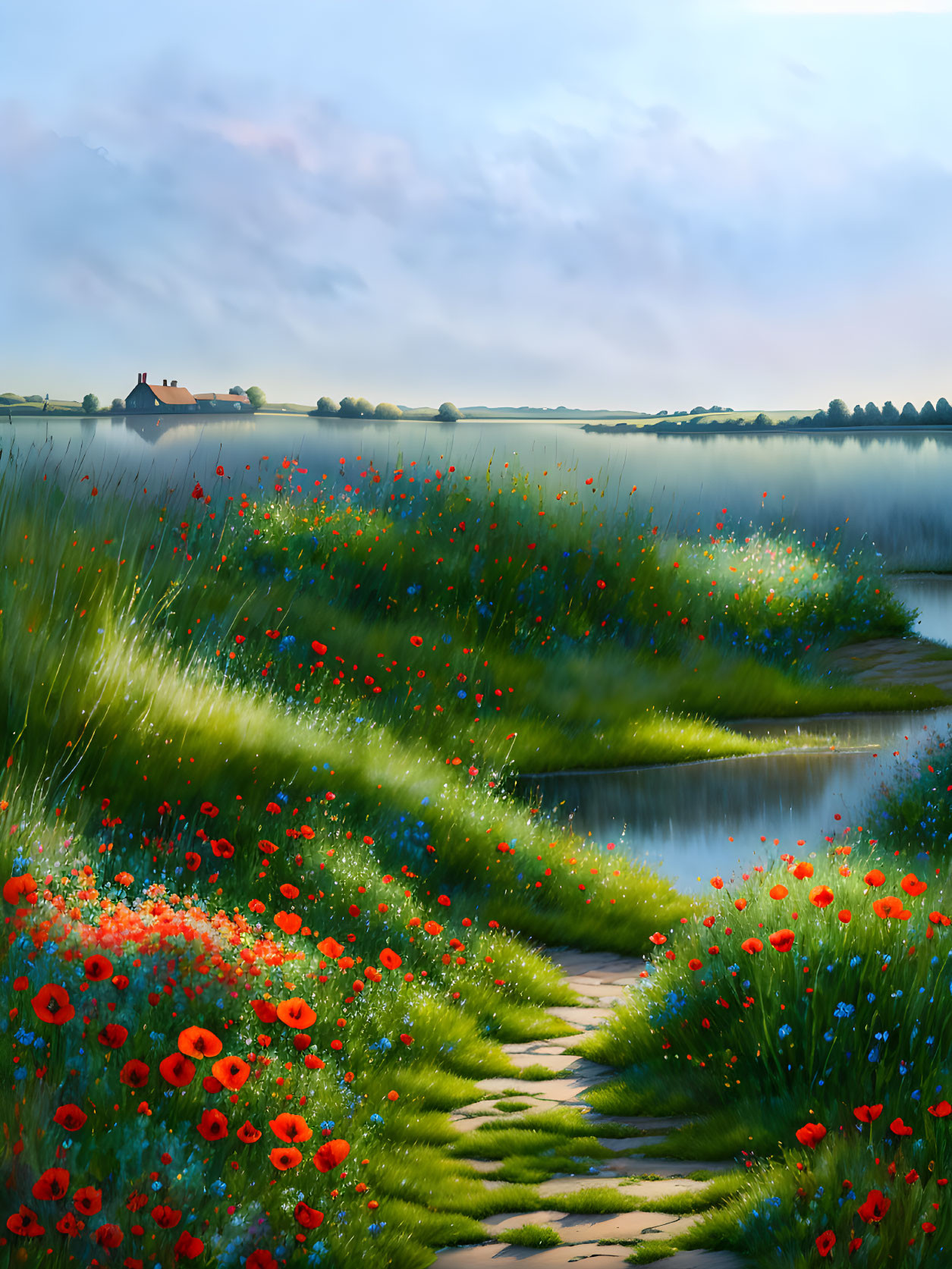 Tranquil landscape with red poppies, greenery, house, and river