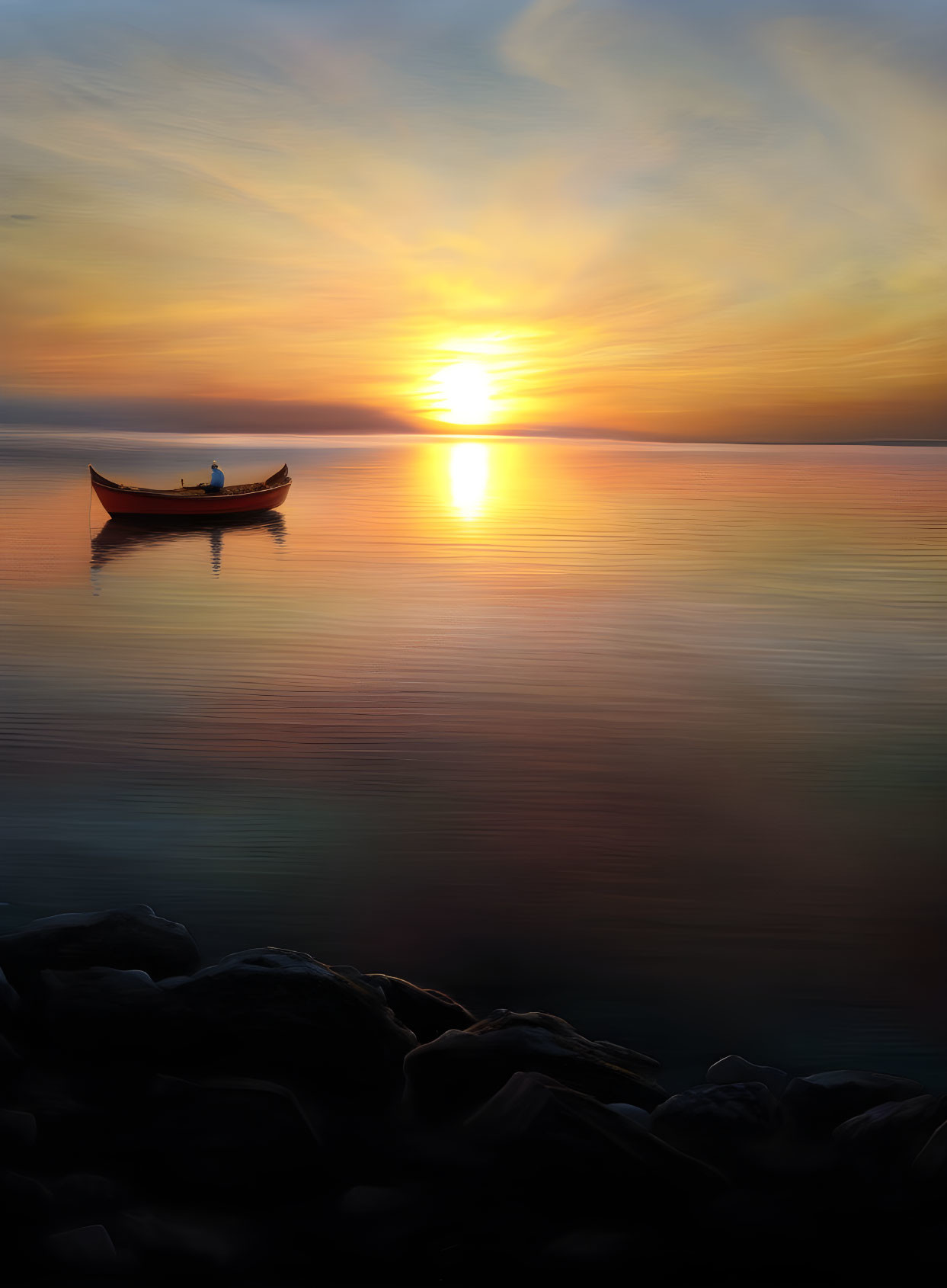 Tranquil sunset scene with golden reflections on water and solitary figure in boat