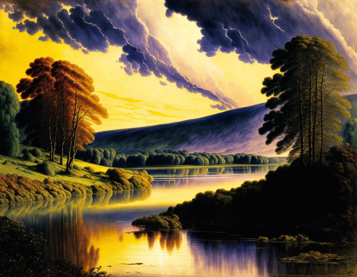 Vivid landscape painting: dramatic sky, reflective lake, colorful trees, rolling hills at twilight or dawn