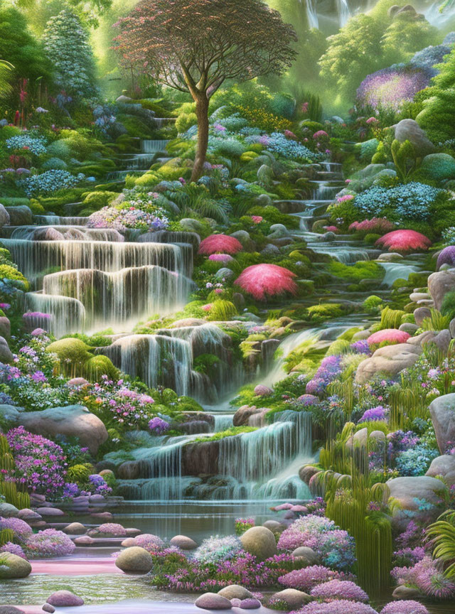 Enchanted forest with greenery, waterfalls, colorful flora