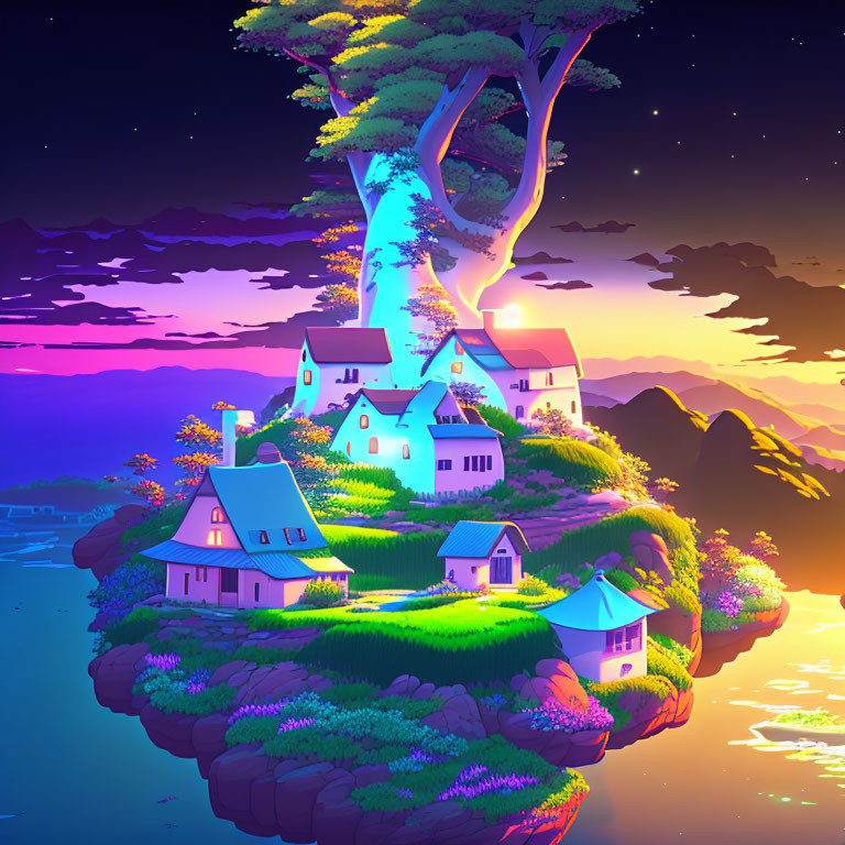 Colorful fantasy landscape with floating island, whimsical houses, magical tree, and starry sky