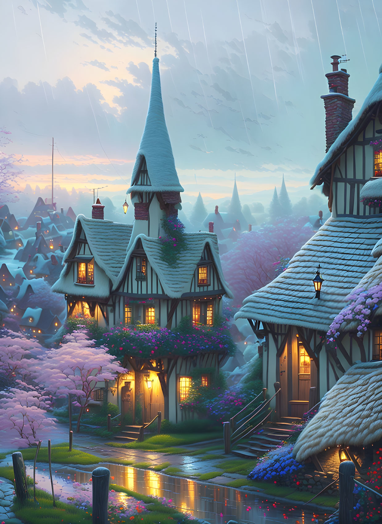 Charming fairytale village with quaint houses and blooming flowers