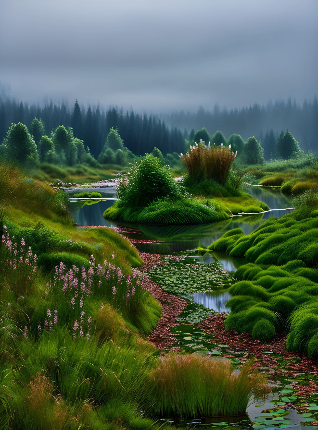 Tranquil landscape with lush greenery, vibrant flowers, meandering stream