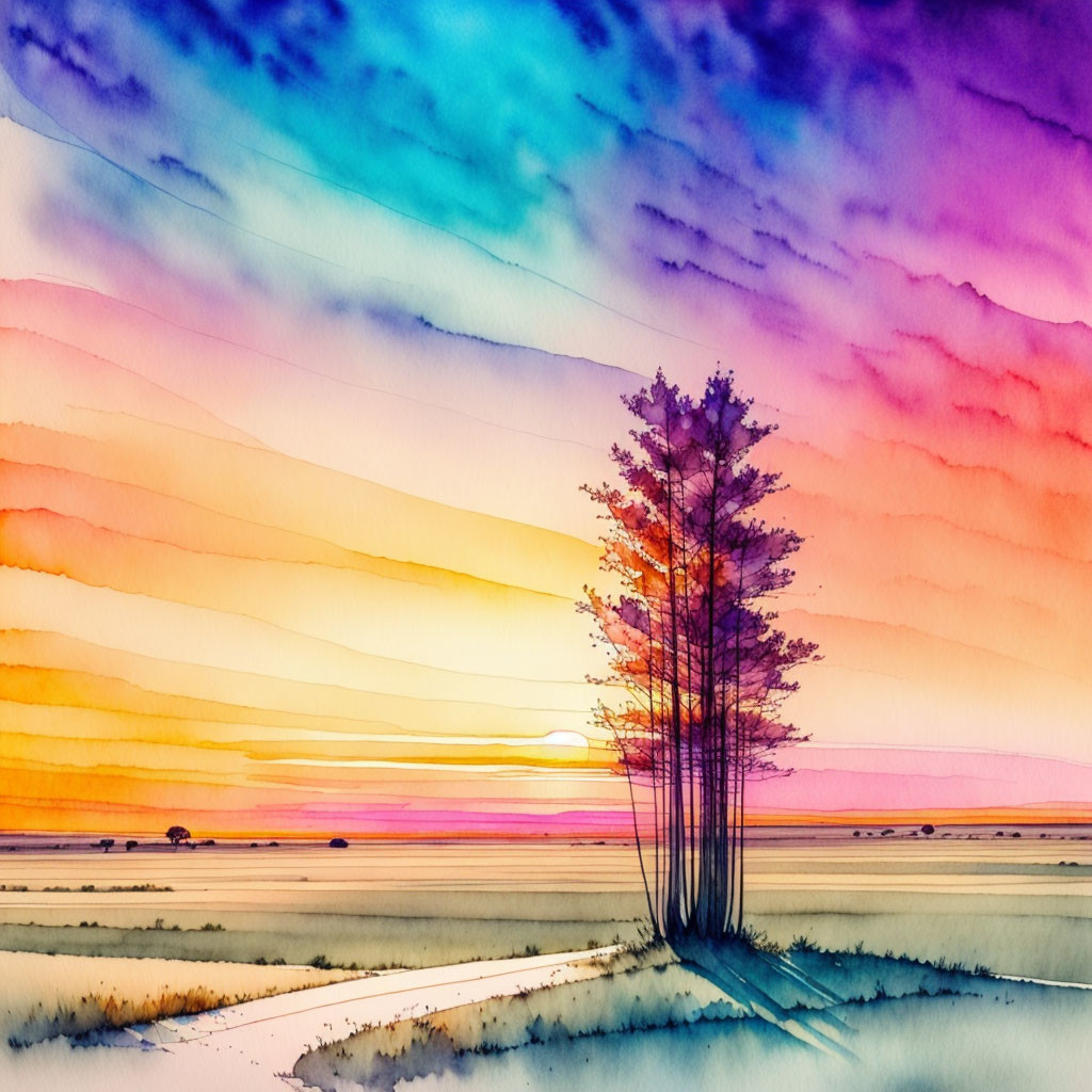 Colorful Watercolor Landscape with Trees and Sunset Sky