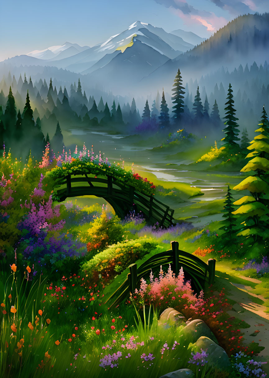 Scenic landscape with wooden bridge, stream, wildflowers, trees, mountains