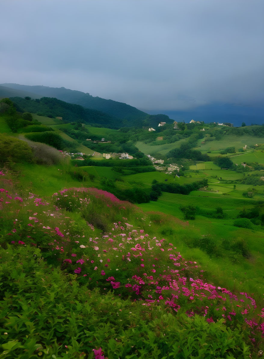 Scenic green valley with pink wildflowers and village nestled in hills