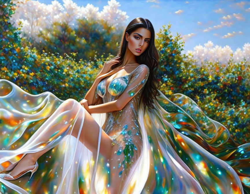 Digital artwork: Woman in iridescent attire in vibrant floral landscape