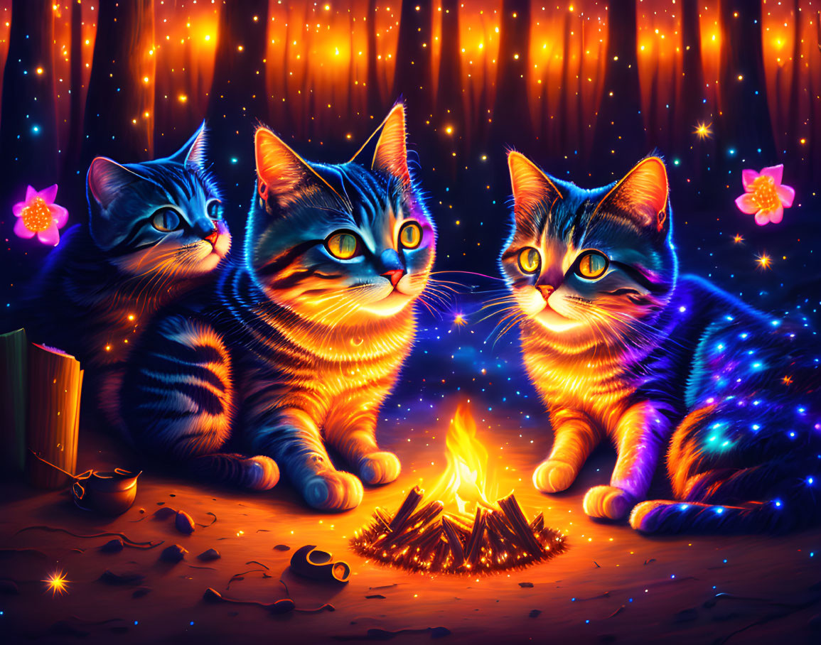 Colorful Cats by Campfire Under Starry Night Sky