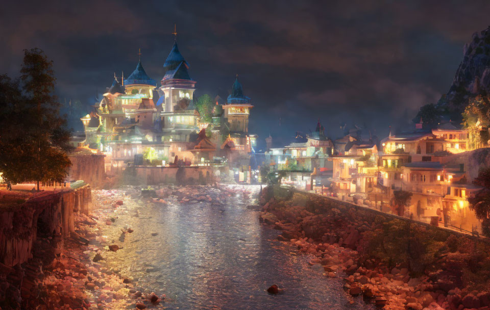 Fantasy Medieval Town with Illuminated Spires at Twilight