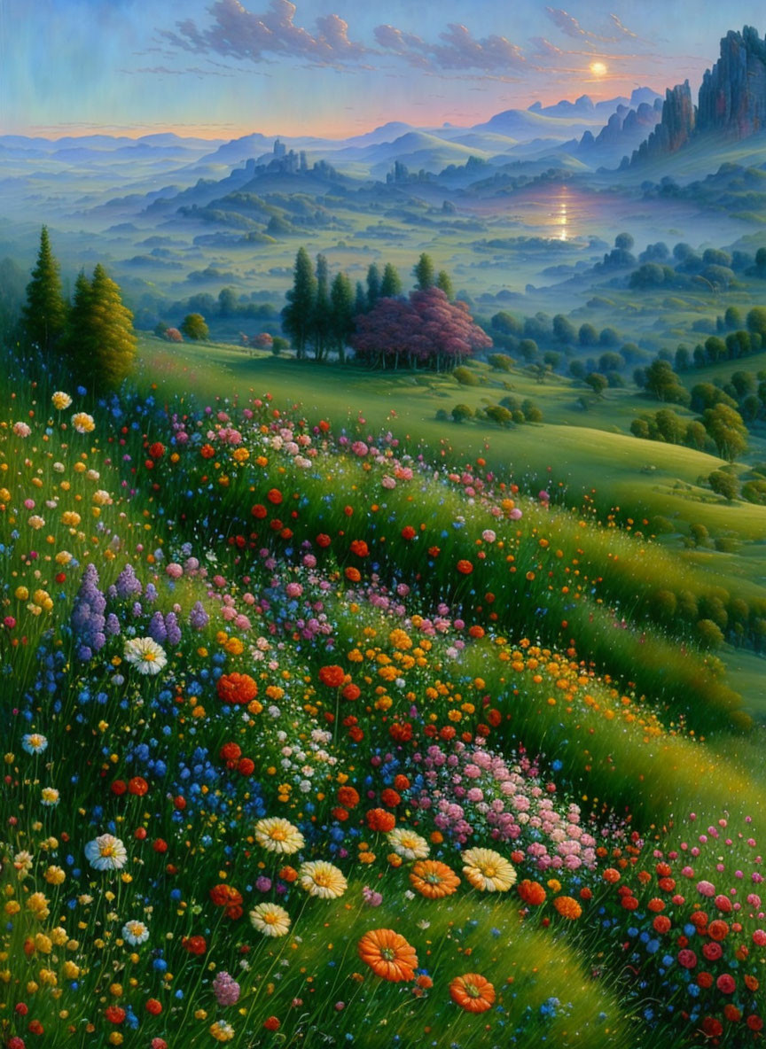 Scenic painting: Flower hill, serene valley, sunrise lake, distant mountains