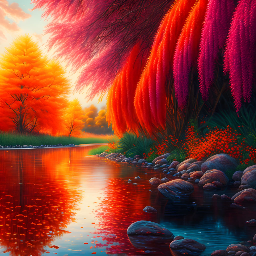 Colorful Landscape: Orange and Pink Trees by Tranquil River