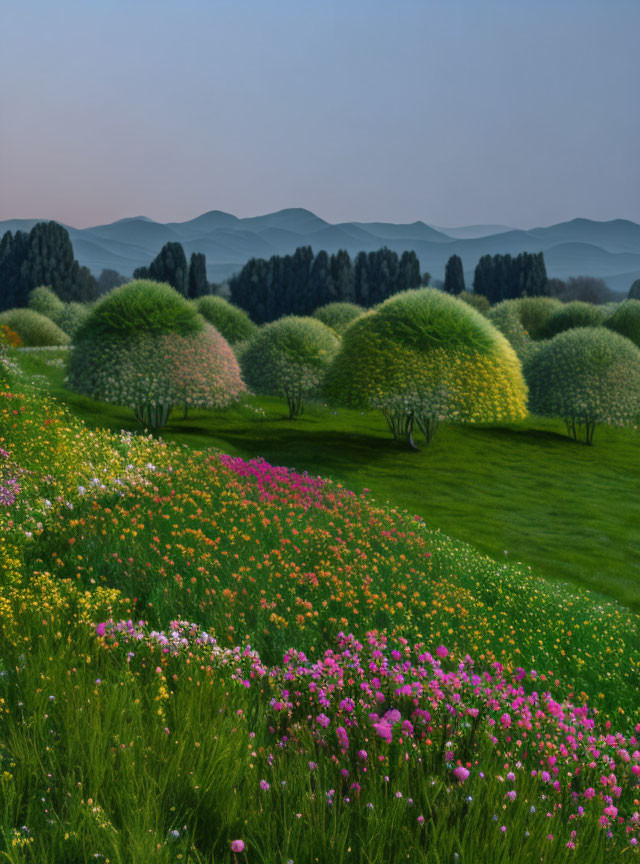 Lush Greenery and Wildflowers in a Dusk Landscape