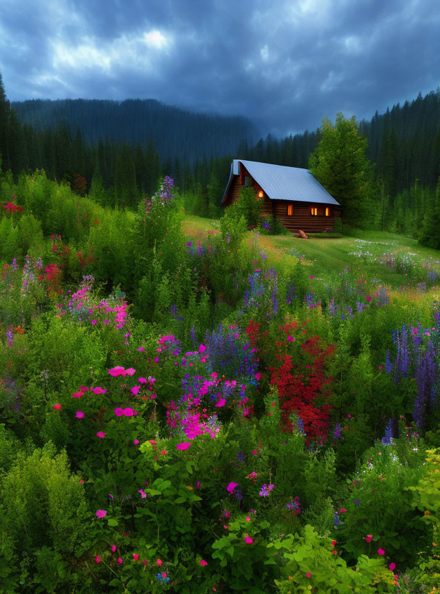 Cozy cabin in lush meadow with lit windows and stormy sky