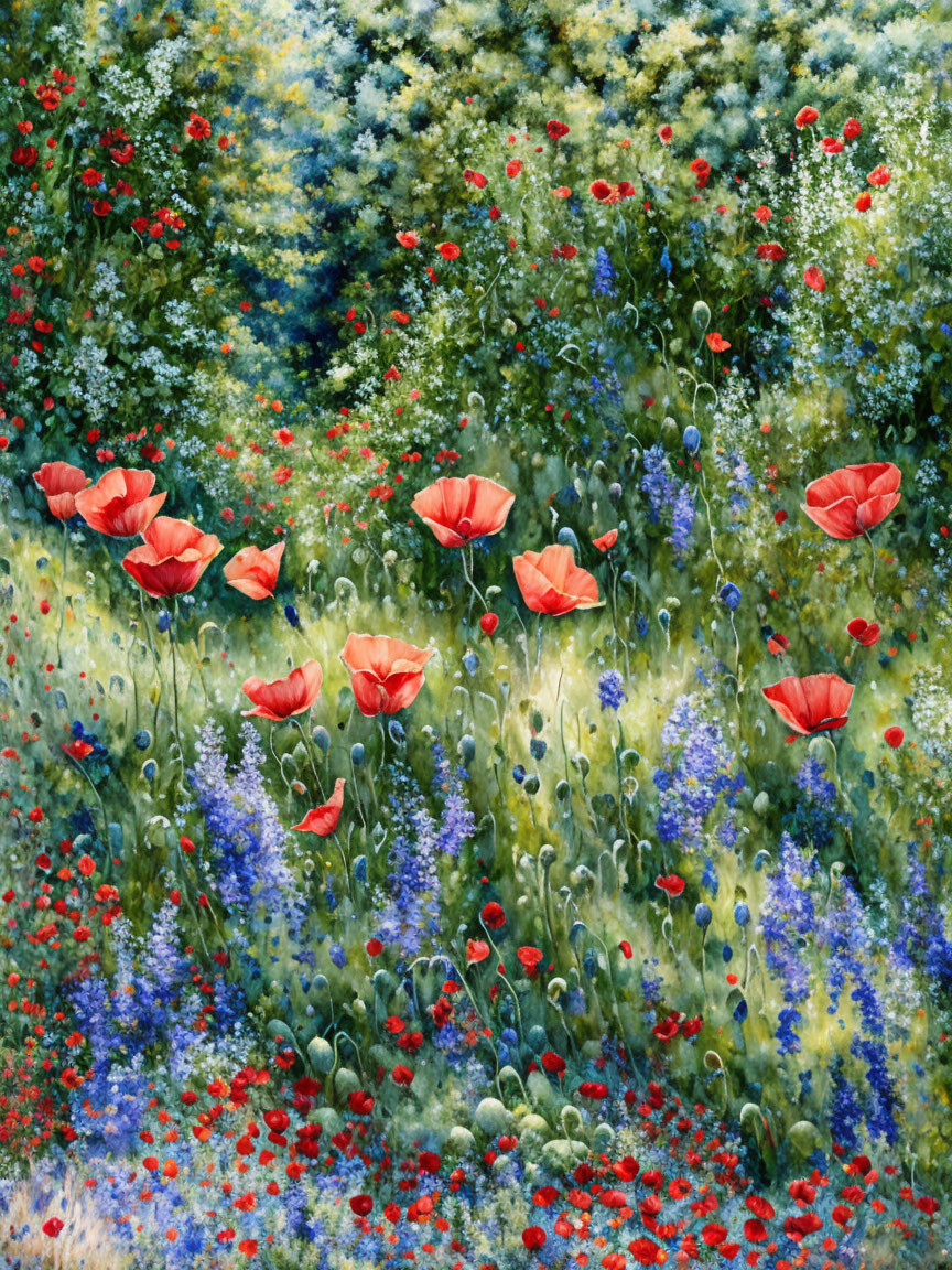 Colorful Wildflower Meadow with Red Poppies and Blue Flowers