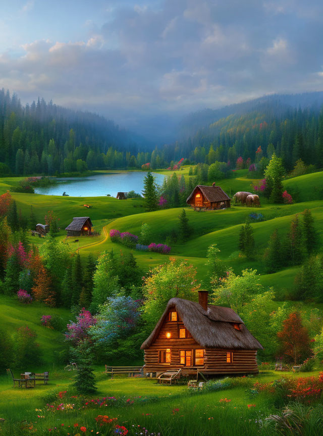 Rustic cabins near serene lake in lush meadows at sunset