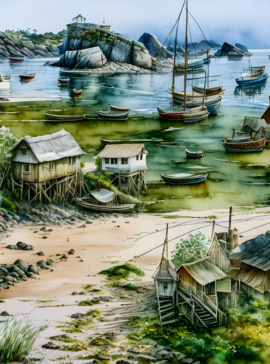 Coastal village with stilt houses, moored boats, and misty mountains