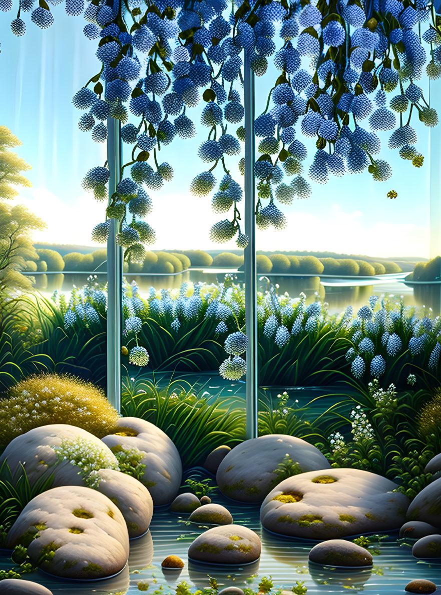 Tranquil landscape: river view, floral window, sunlit water