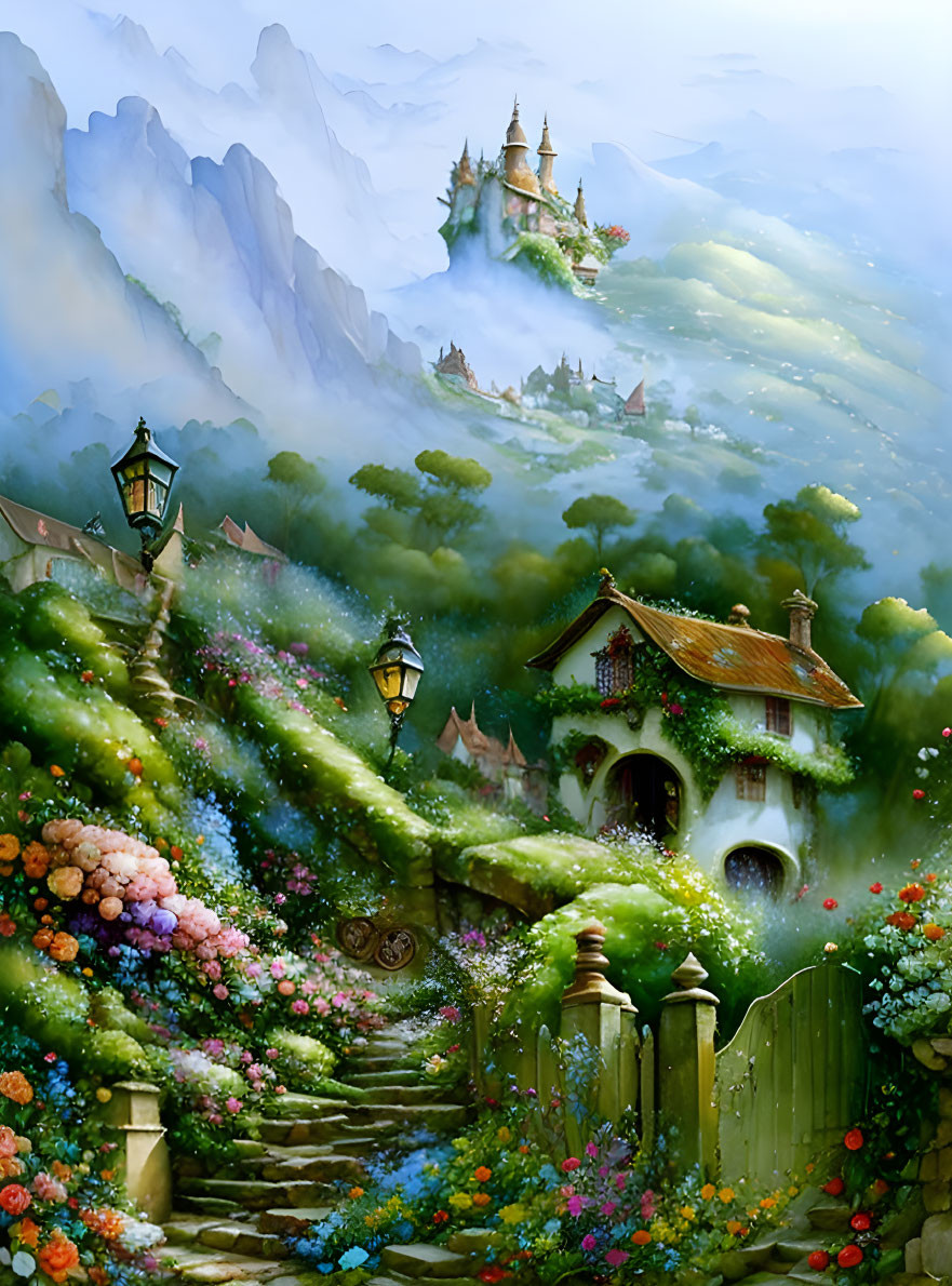 Lush flower-lined staircase to cottage with misty mountains & castle