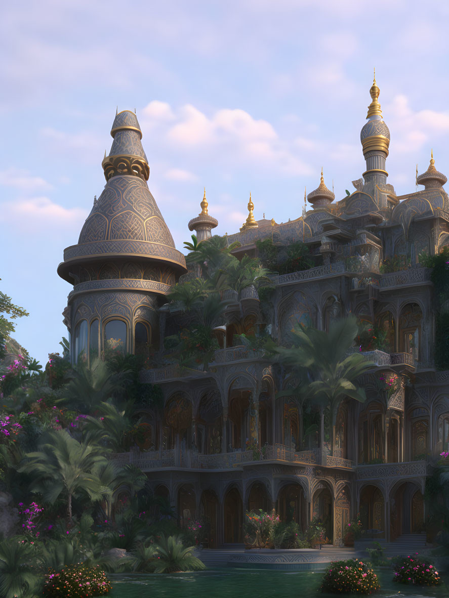 Luxurious multi-tiered palace with golden domes in lush garden setting at dusk