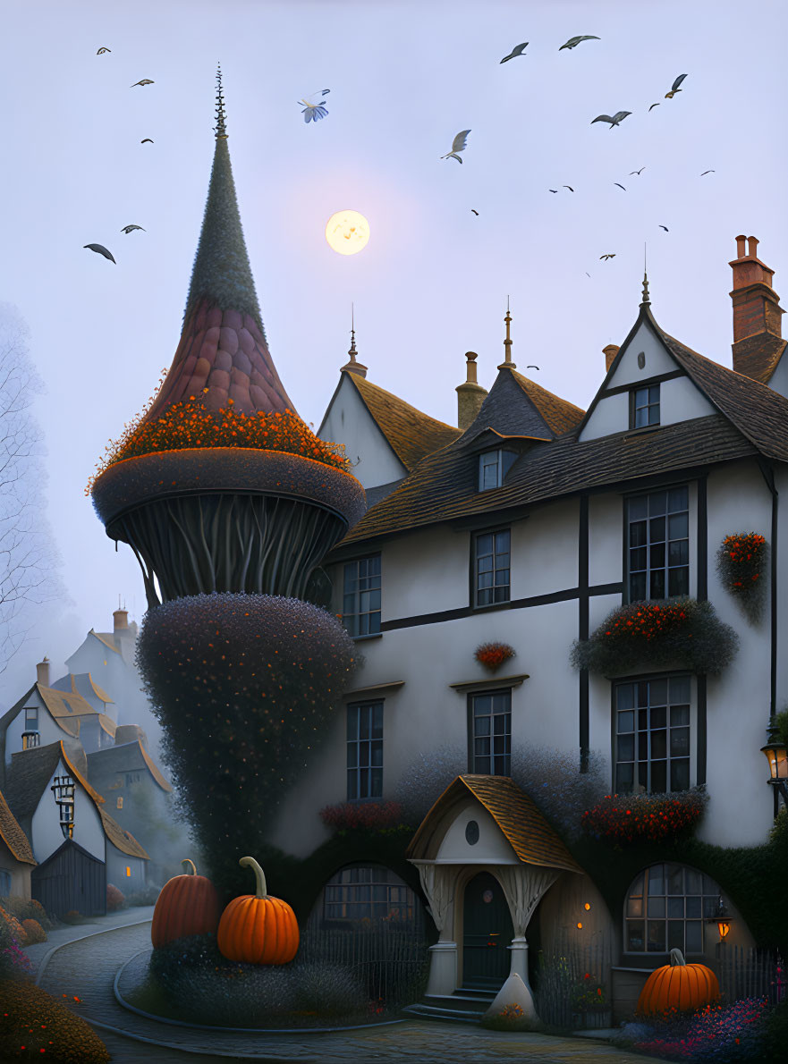 Charming autumn-themed house illustration with pumpkins, tower, birds, and moon