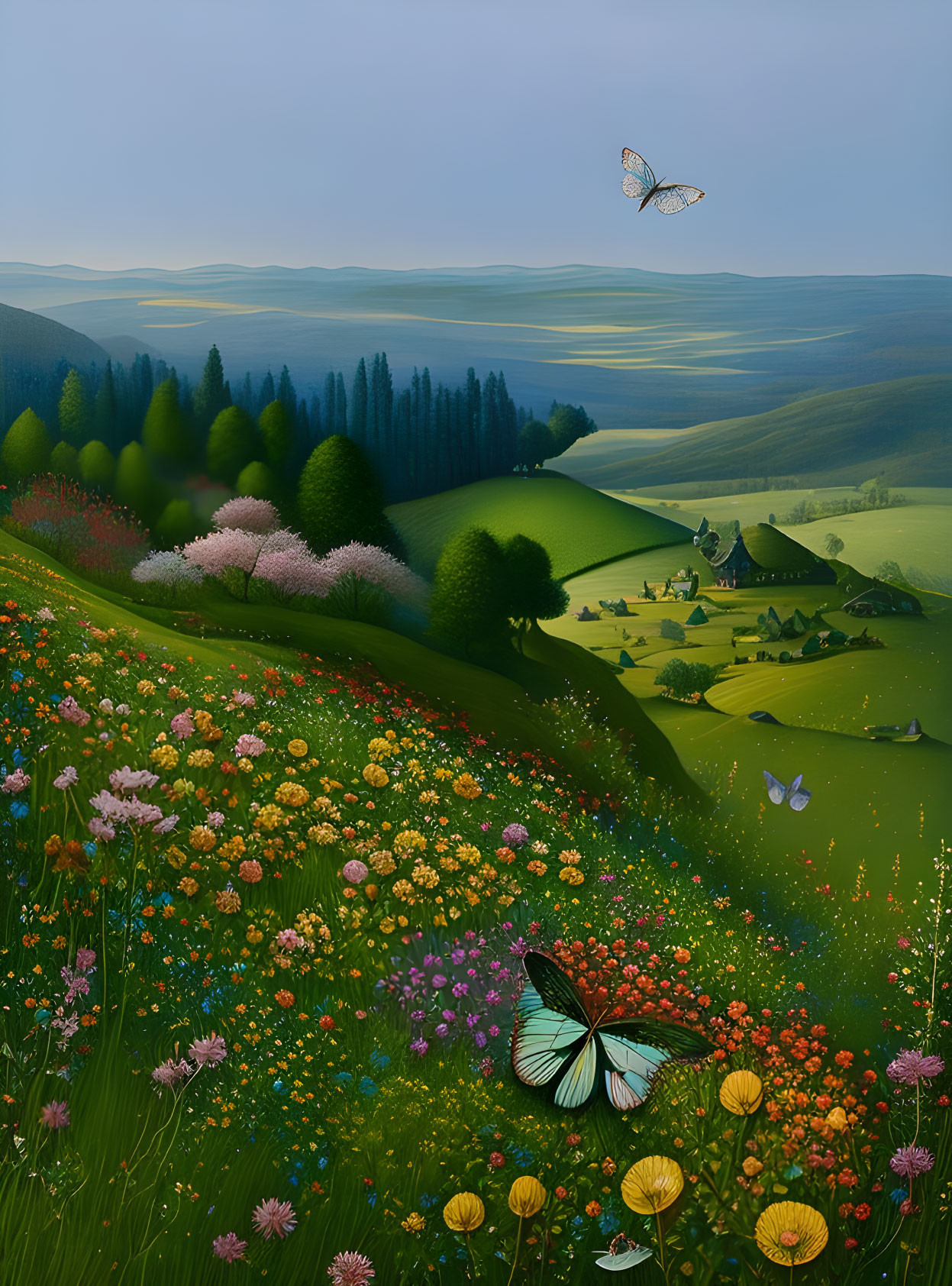 Lush Green Valley Painting with Rolling Hills & Wildflowers