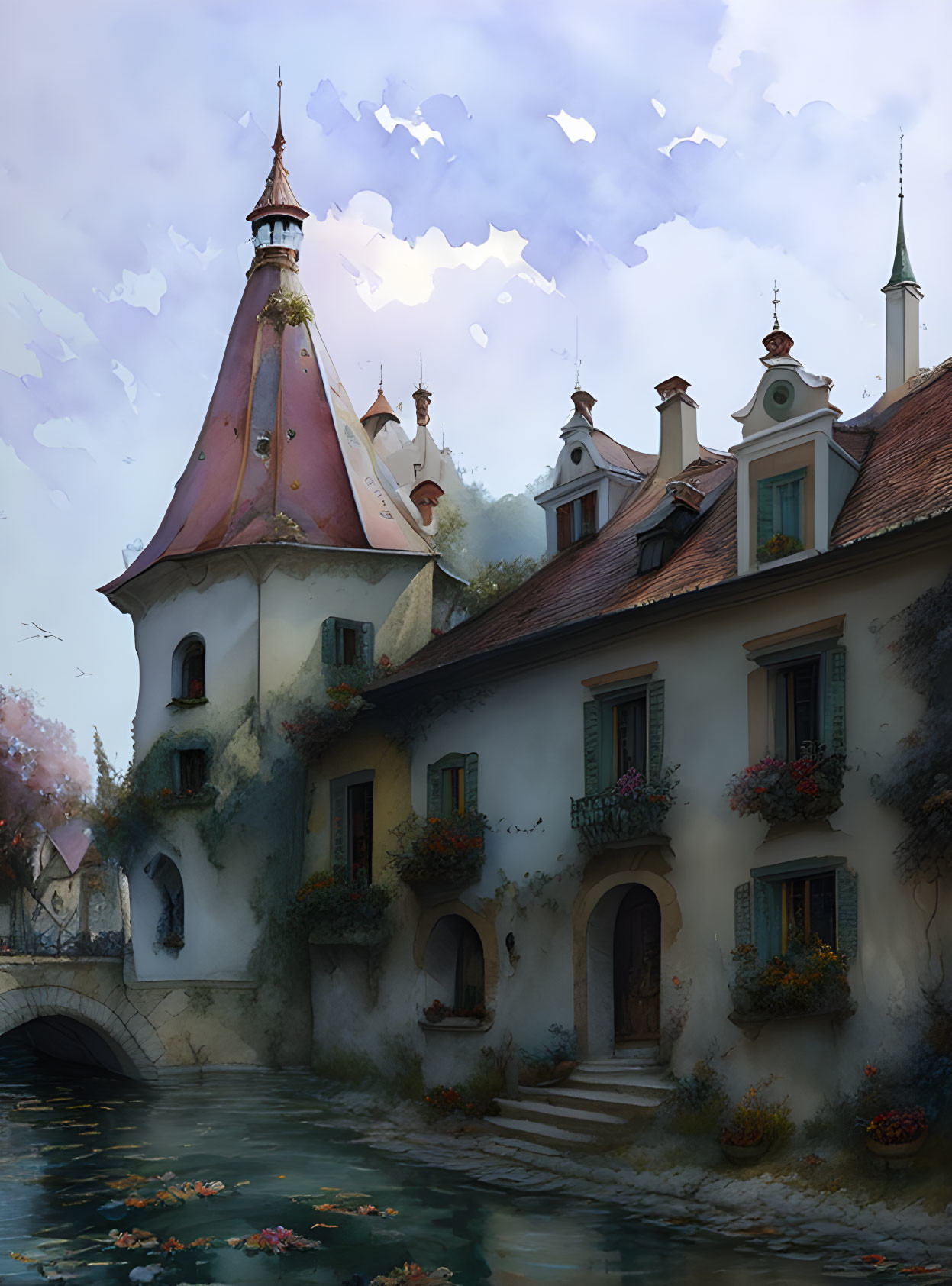 Illustration of European stone house near water canal in lush setting